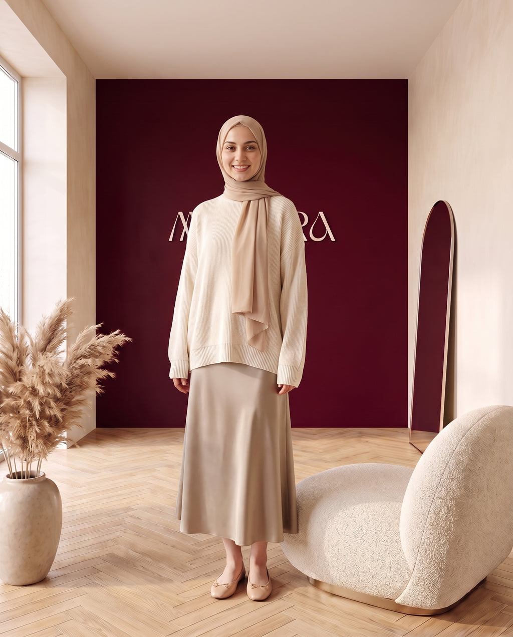 Satin-Midirock Taupe – Vorderansicht