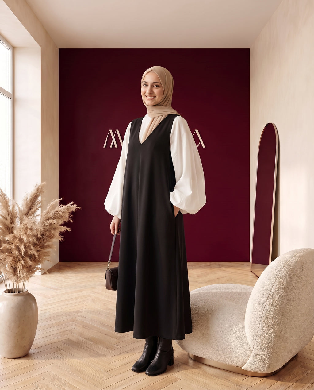 Pinafore-Trägerkleid Schwarz – Dreiviertelansicht