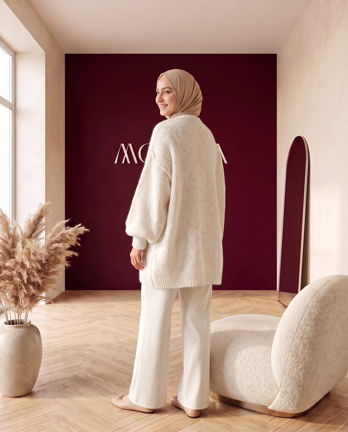 Oversize Strickcardigan Creme – Rückenansicht