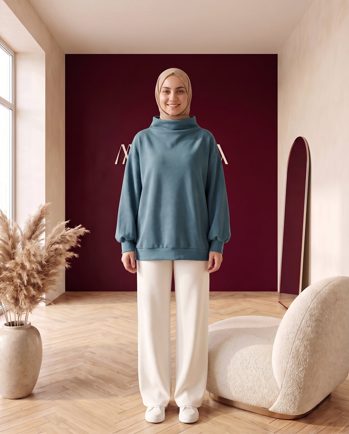 Oversize-Sweater mit Stehkragen Blaugrau – Vorderansicht