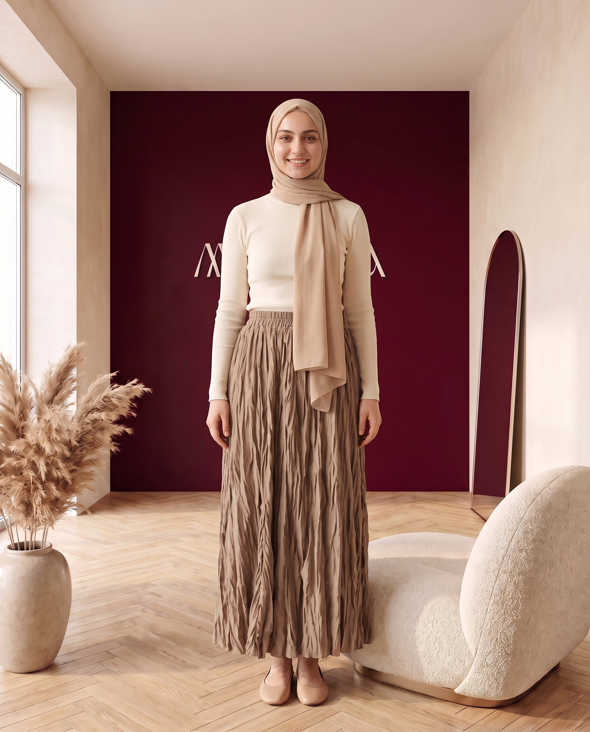 Crinkle-Plissee-Maxirock Taupe – Vorderansicht