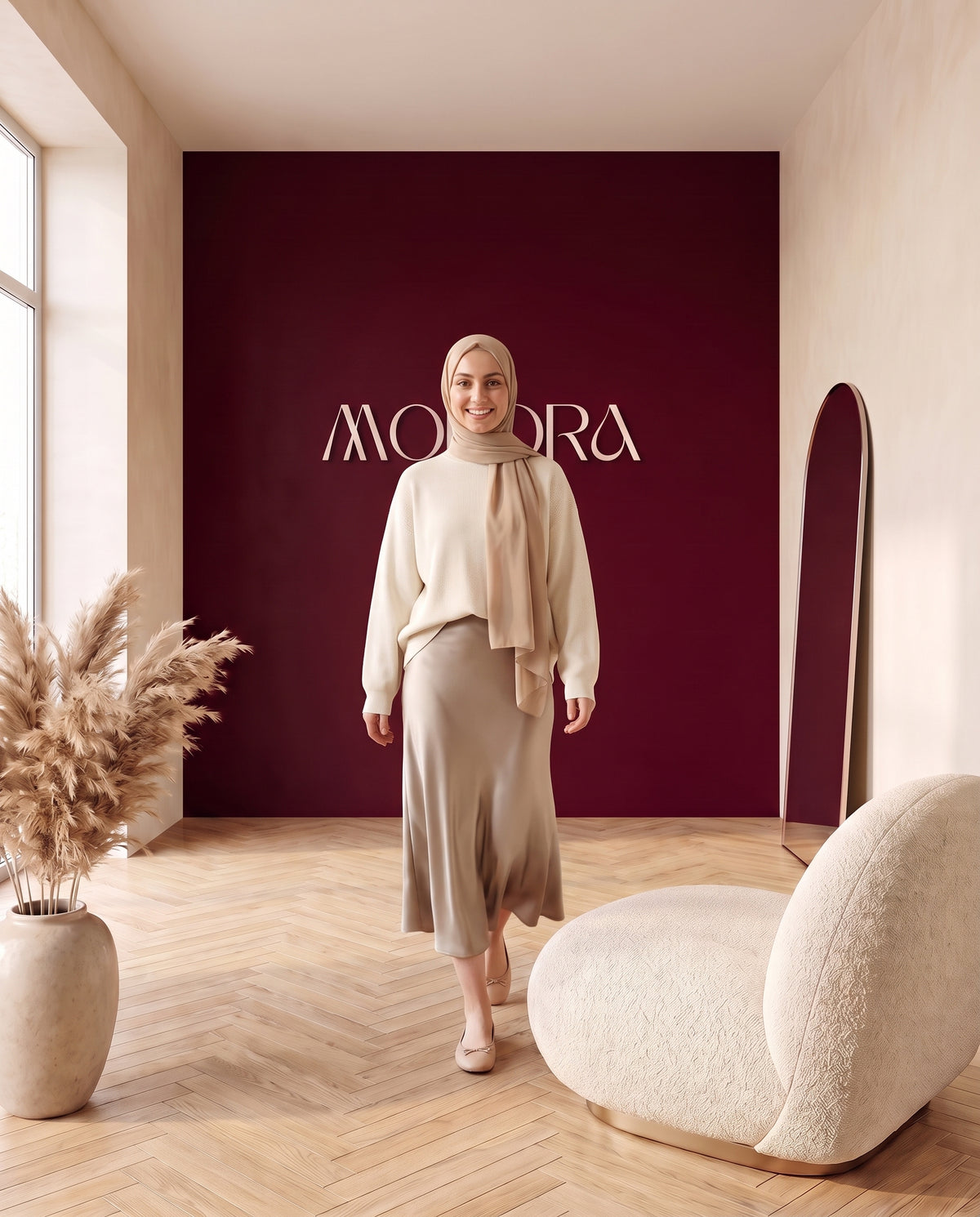 Satin-Midirock Taupe – In Bewegung