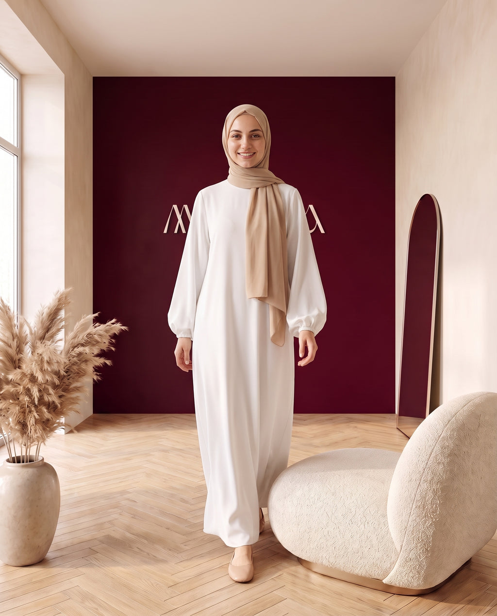Basic-Abaya mit Ballonärmeln Creme – In Bewegung