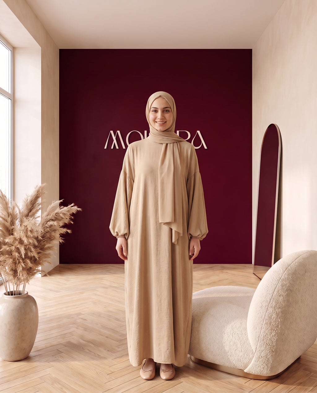 Crinkle-Abaya mit Schal Sand – Vorderansicht