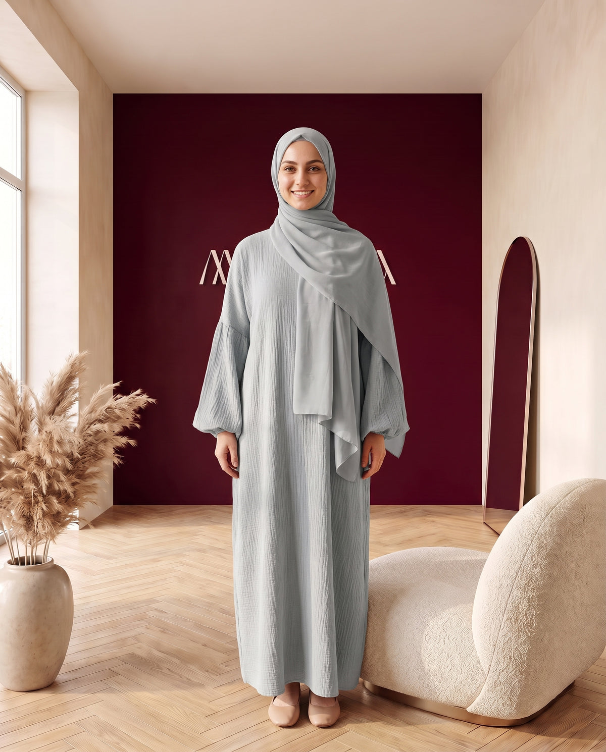 Musselin-Abaya mit Khimar Blaugrau – Vorderansicht