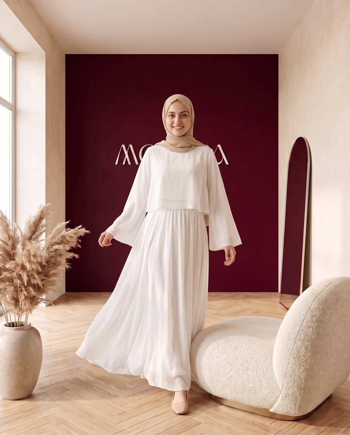 Chiffon-Zweiteiler Bluse und Rock Weiß – In Bewegung