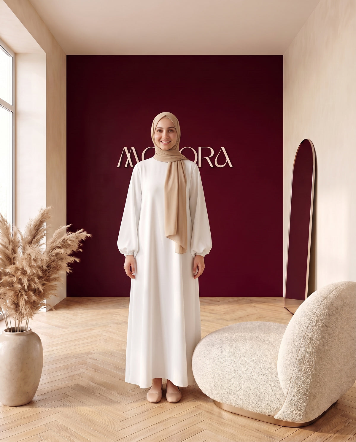 Basic-Abaya mit Ballonärmeln Creme – Vorderansicht