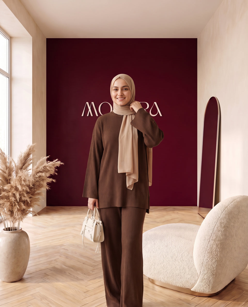 Strick-Zweiteiler Pullover und Hose Braun – Dreiviertelansicht