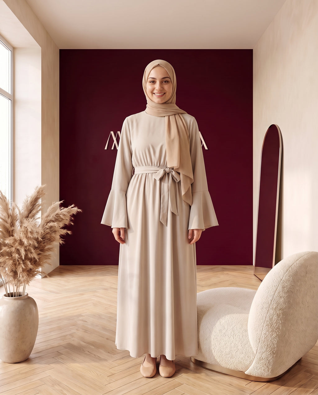 Abaya mit Gürtel und Volantärmeln Hellbeige – Vorderansicht