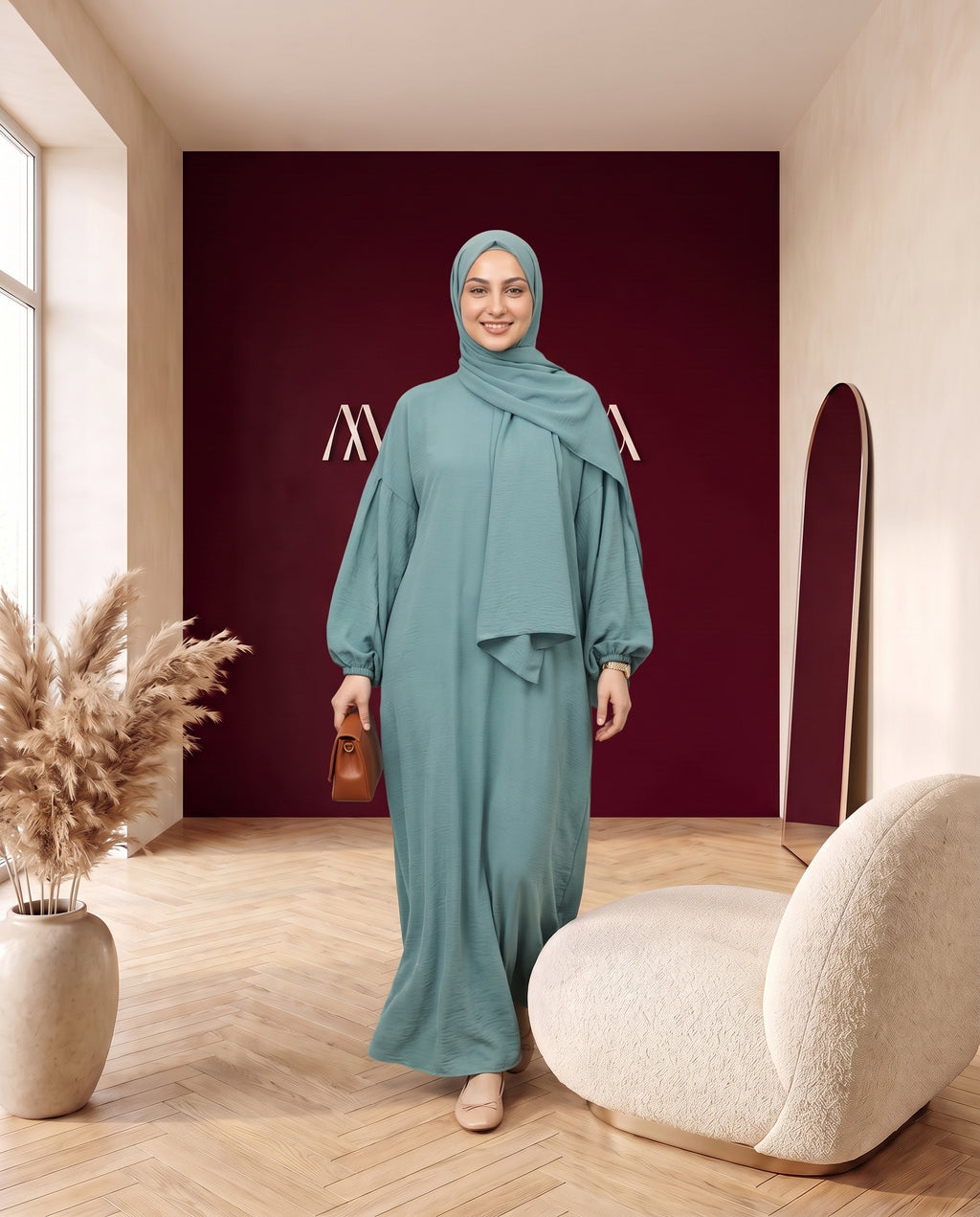Crinkle-Abaya mit Schal Petrol – in Bewegung