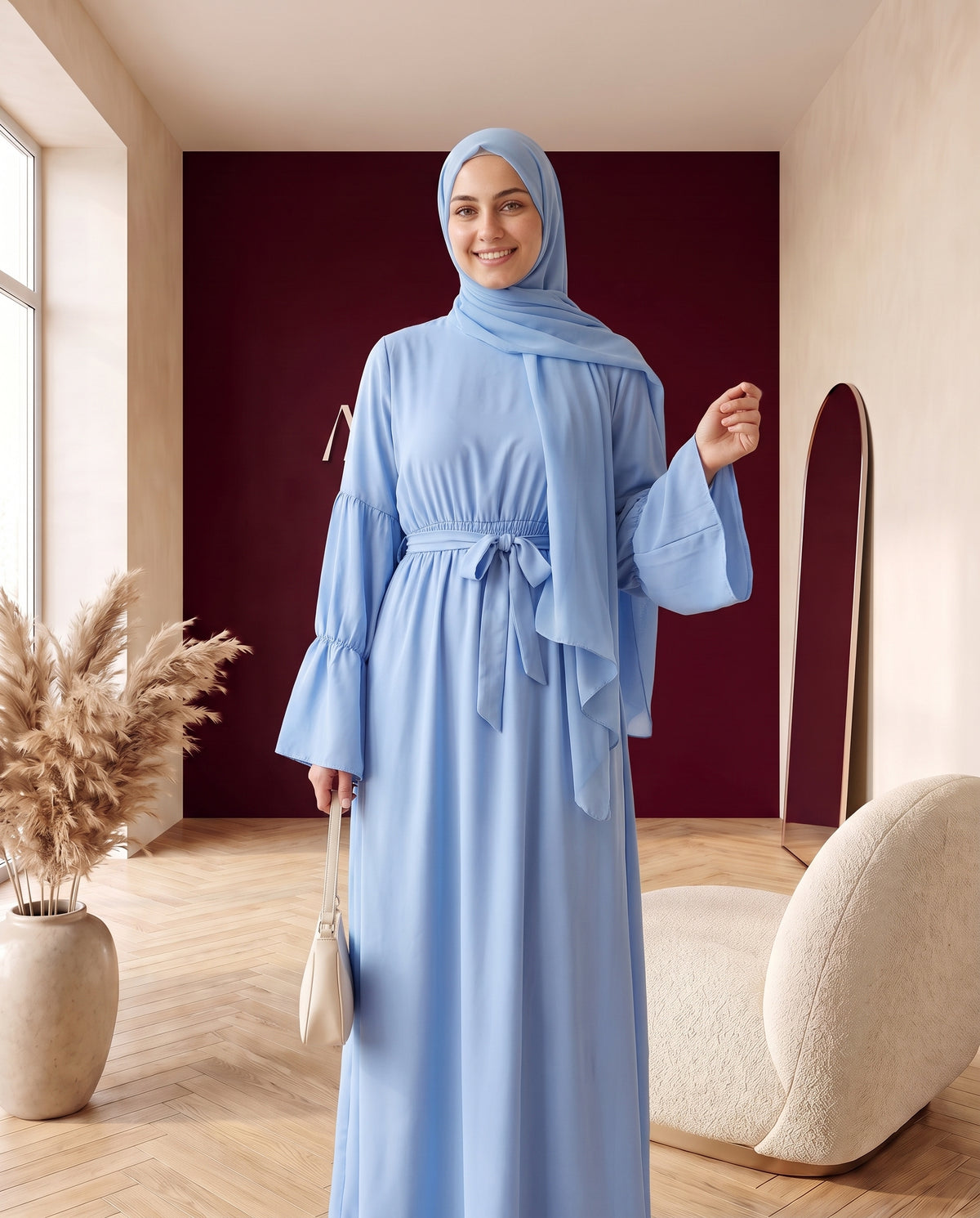 Abaya mit Gürtel und Volantärmeln Jeansblau – Dreiviertelansicht