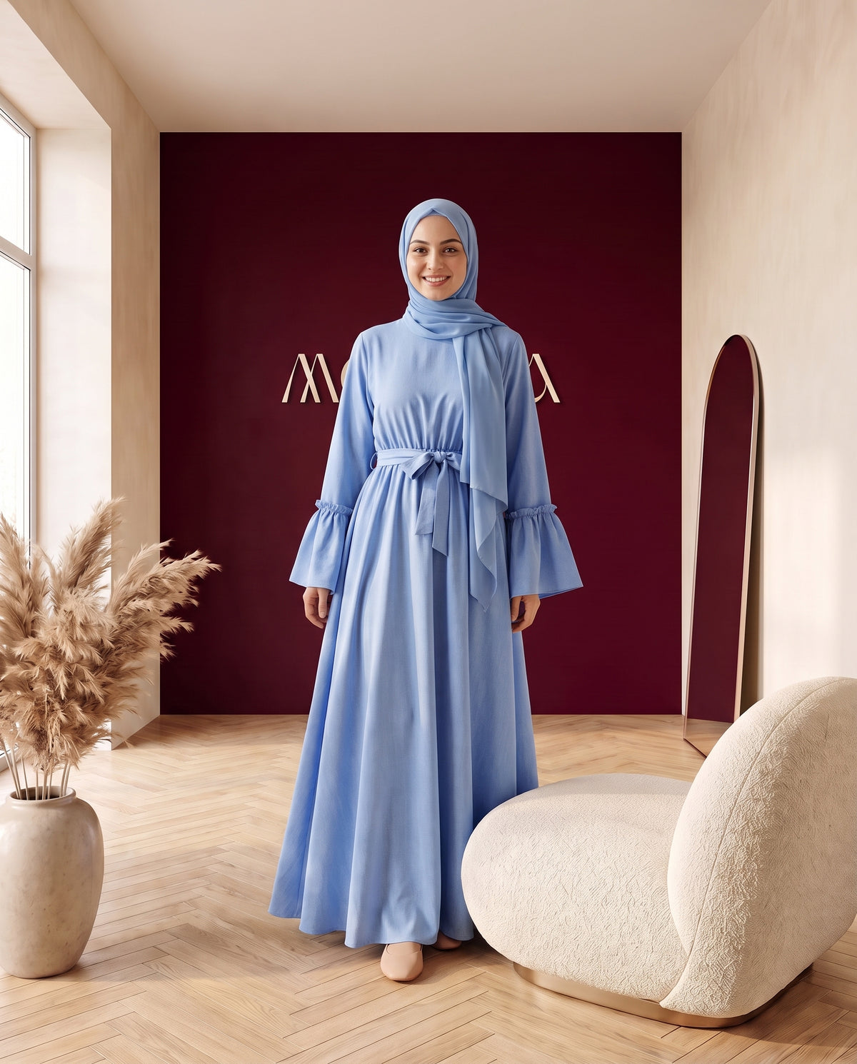 Abaya mit Gürtel und Volantärmeln Jeansblau – Vorderansicht