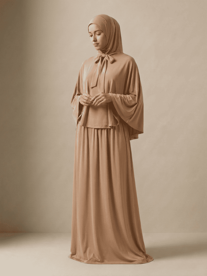 Abayah Zweiteiler in Beige — fließender, eleganter Stoff