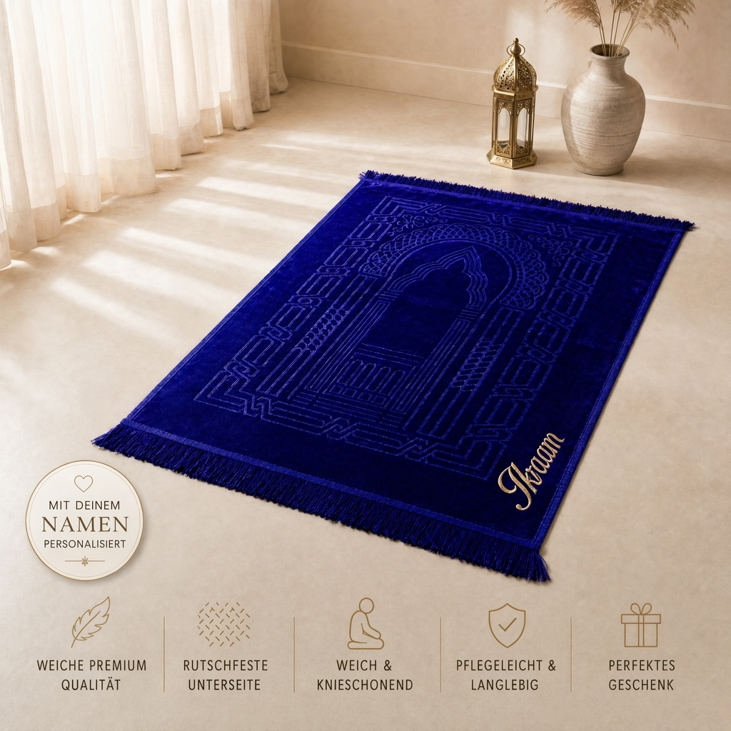 Personalisierter Gebetsteppich mit Namen Blau – Molora Ramadan Geschenk
