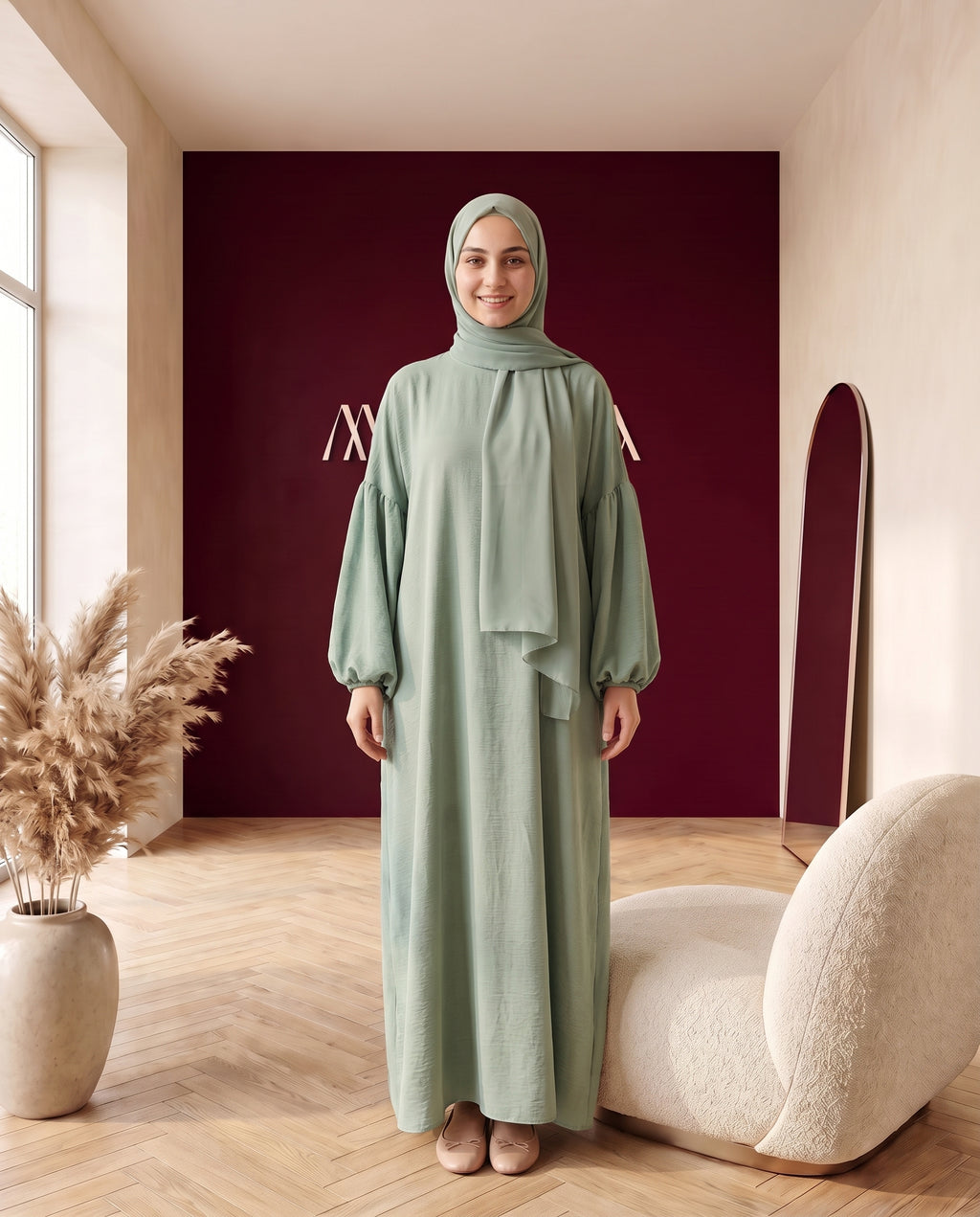 Crinkle-Abaya mit Schal Salbeigrün – Vorderansicht
