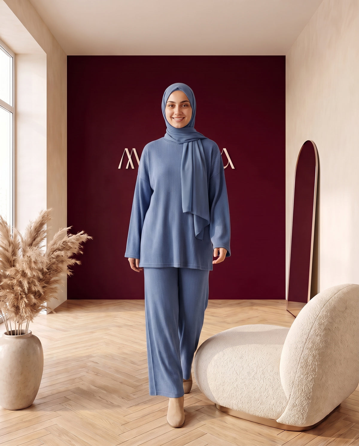 Strick-Zweiteiler Pullover und Hose Blaugrau – In Bewegung