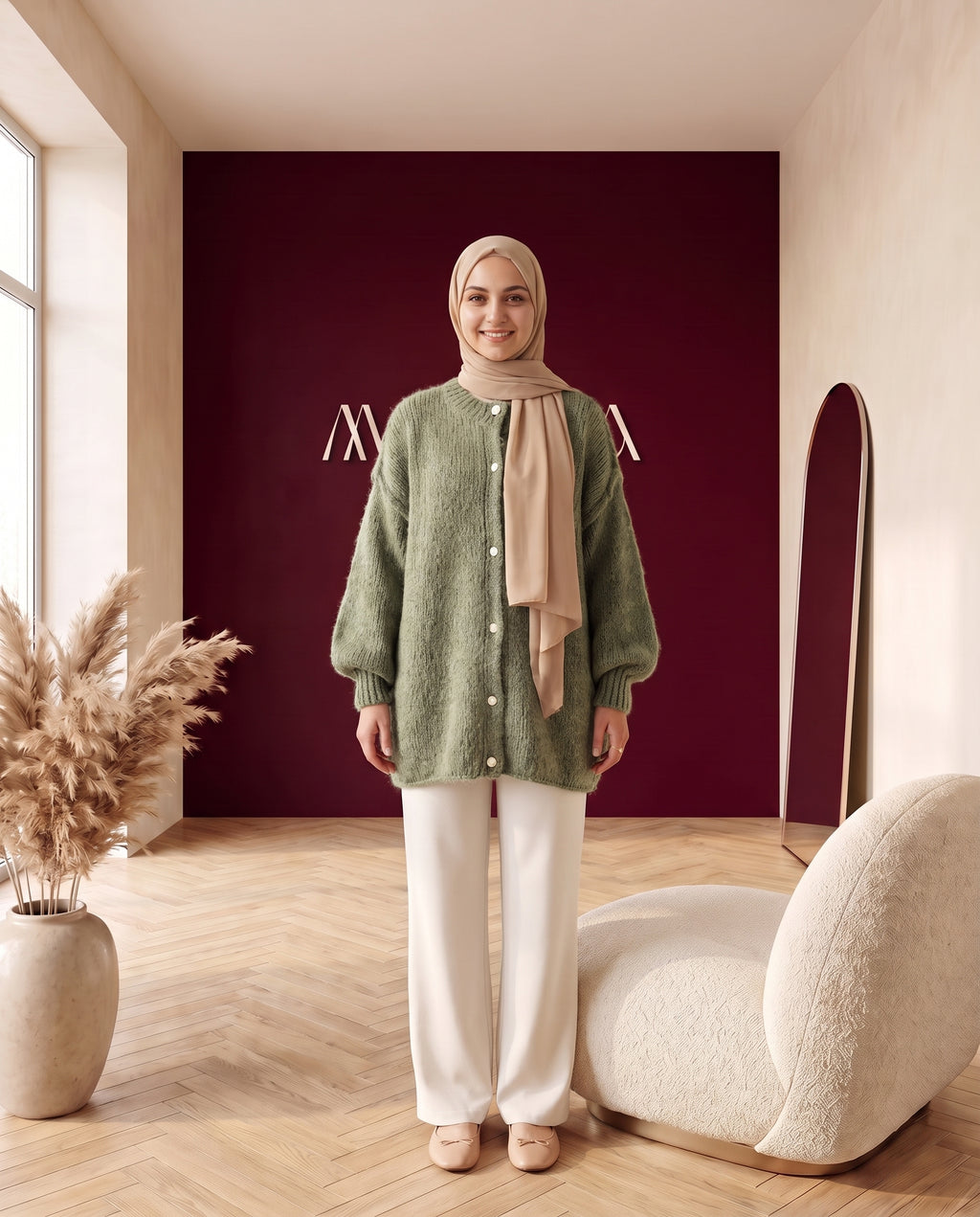 Oversize Strickcardigan Salbeigrün – Vorderansicht