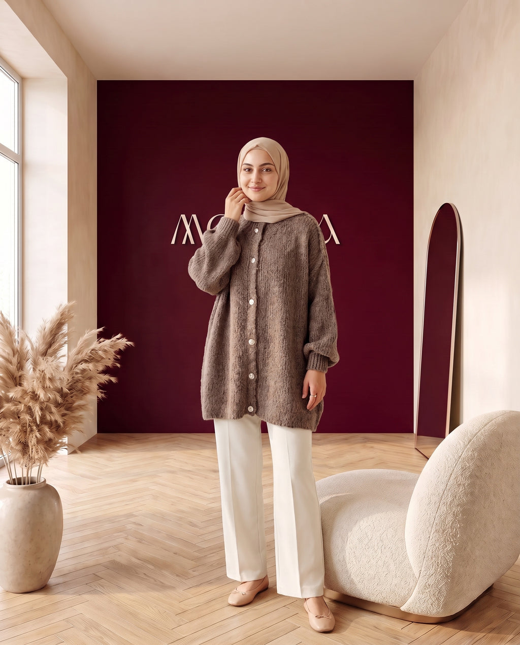 Oversize Strickcardigan Braun – Dreiviertelansicht