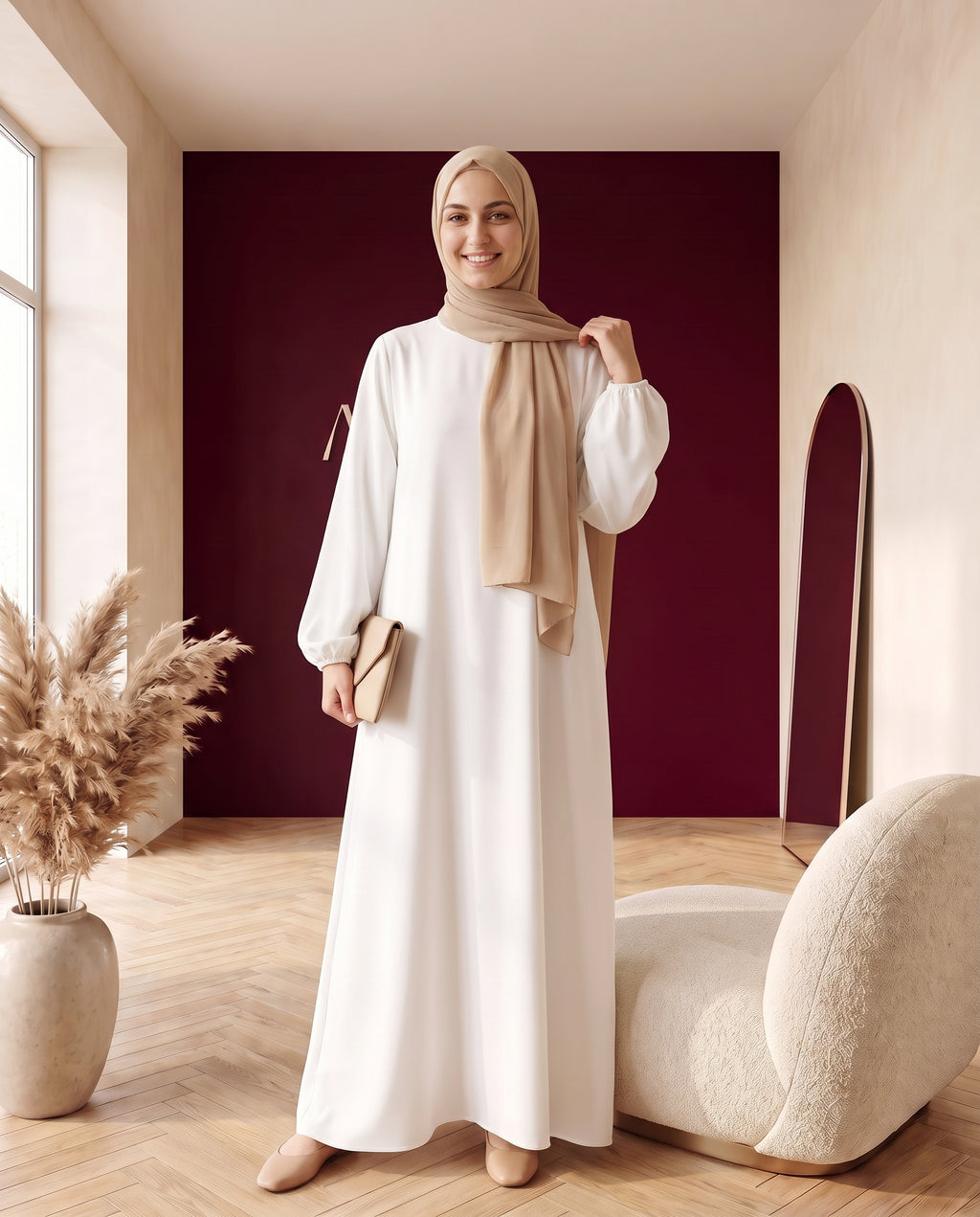 Basic-Abaya mit Ballonärmeln Creme – Dreiviertelansicht