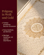 Detail des weissen Koran-Einbands mit goldener Ornamentpraegung