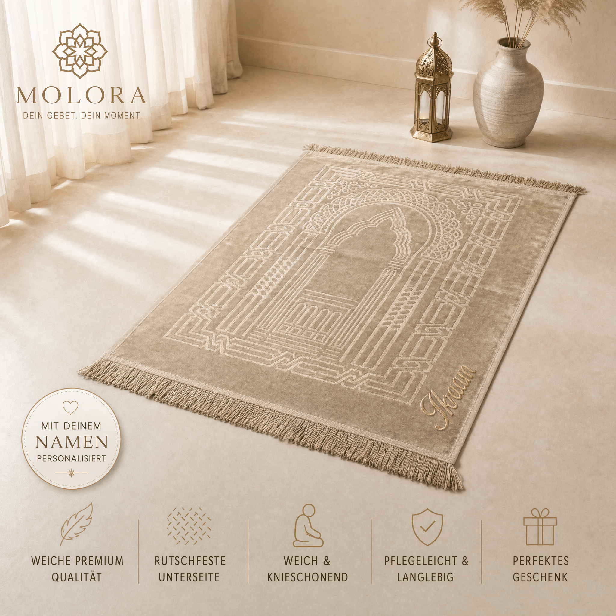 Personalisierter Gebetsteppich mit Namen Beige – Molora Geschenk Eid